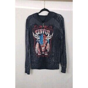 Affliction Hoodie L Black Beaded Animal‎ Skull Sinful Zip Leopard Snake Grunge